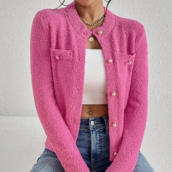 . Sweaters - Pink Preppy Womens Dual Pocket Button Front Cardigan